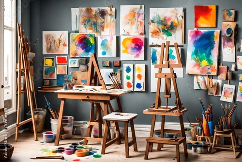 A creative art corner with an easel, paints, brushes, and a gallery wall displaying children's masterpieces.