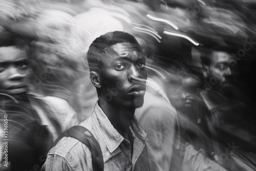 A black man standing in a moving crowd with a worried facial expression, anxiety concept