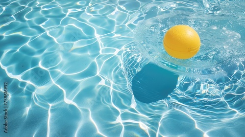 A vibrant yellow ball floats serenely atop a shimmering blue pool  inviting viewers to enjoy a refreshing dip and poolside leisure under the summer sun