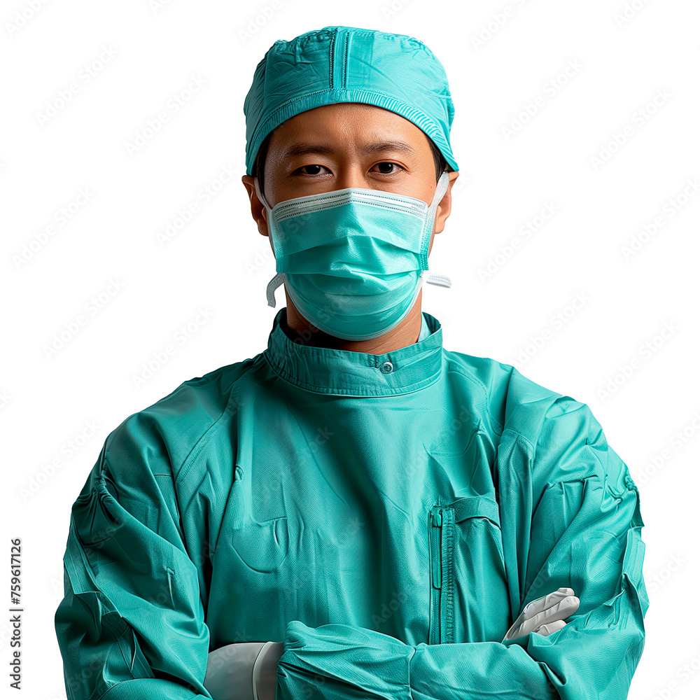 Asian surgeon dressed in surgical gown, cap and mask isolated on transparent background, PNG. Medical equipment and staff. Asian surgeon dressed in surgical gown, cap and mask isolated on transparent background, PNG. Medical equipment and staff.
