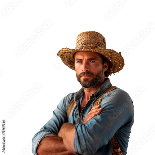 Attractive farmer man with hat and crossed arms isolated on transparent background, PNG. Farming profession