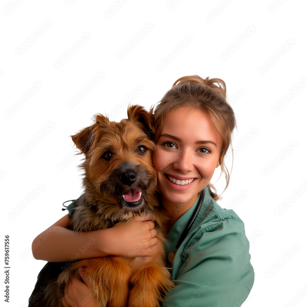 Happy young veterinarian in uniform with a dog in arms, isolated on transparent background, PNG Happy young veterinarian in uniform with a dog in arms, isolated on transparent background, PNG