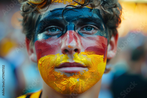 A sports fan with the German flag painted on his face photo