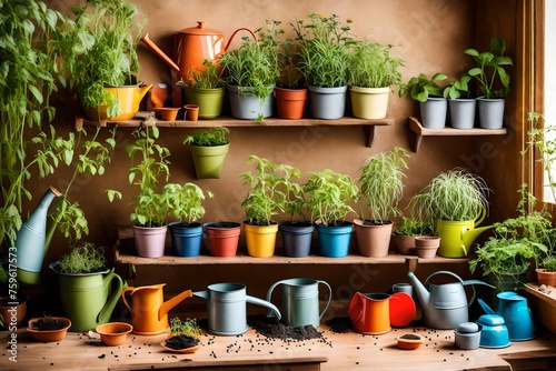 A mini indoor gardening area with small pots, seeds, and colorful watering cans.