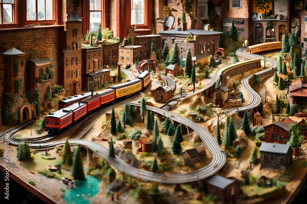 A sprawling train set winding through miniature towns and tunnels on a ...
