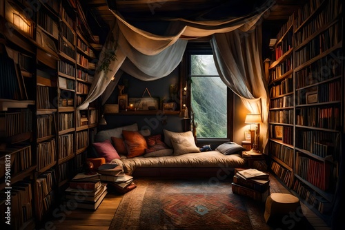 A cozy reading corner with a canopy and shelves of adventure and mystery books.