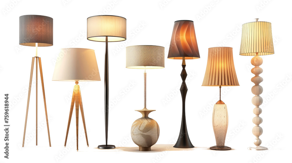 Floor lamps set collection. Light in the darkness, Isolated on white transparent background. Generative AI - obrazy, fototapety, plakaty 