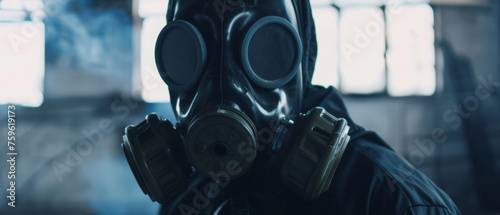 Wallpaper Mural A haunting figure cloaked in shadows dons a gas mask amidst hazy surroundings. Torontodigital.ca
