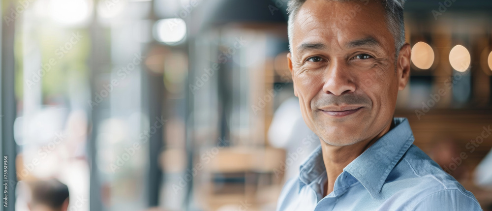 Mature man smiling confidently in a cozy cafe environment. Mature man smiling confidently in a cozy cafe environment.