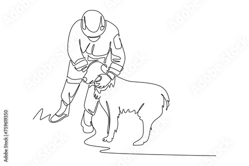 Continuous one line drawing of rescue team helps dog. Saving lives or emergency accident. Health, care, teamwork. Single line draw design vector illustration