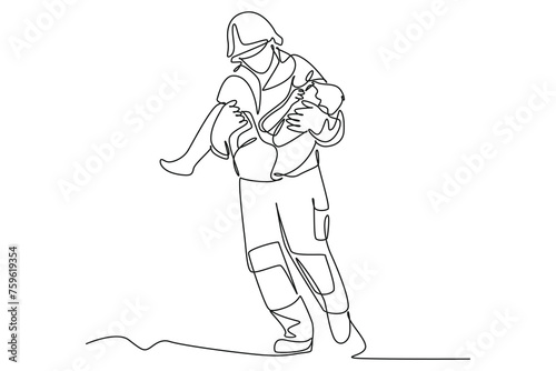 Continuous one line drawing of The firefighter rescued the child. Saving lives or emergency accident. Health, care, teamwork. Single line draw design vector illustration