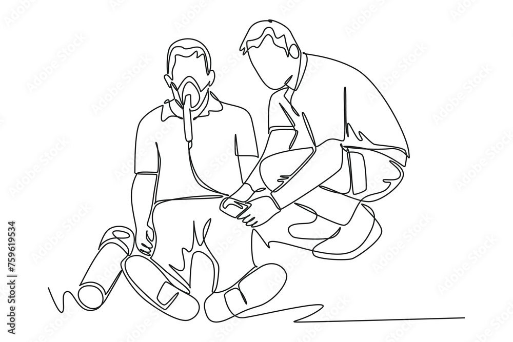 Continuous one line drawing of the rescue team administered oxygen to the victim. Saving lives or emergency accident. Health, care, teamwork. Single line draw design vector illustration