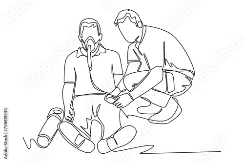 Continuous one line drawing of the rescue team administered oxygen to the victim. Saving lives or emergency accident. Health  care  teamwork. Single line draw design vector illustration