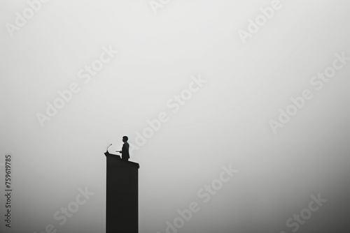 A minimalist photo of a person standing on a podium, addressing the faceless crowd below, their voice resonating against the simplicity of the background. photo