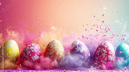 several beautifully colored Easter eggs, photographed in stop motion. Video effect with lens flayer and particle effect. 