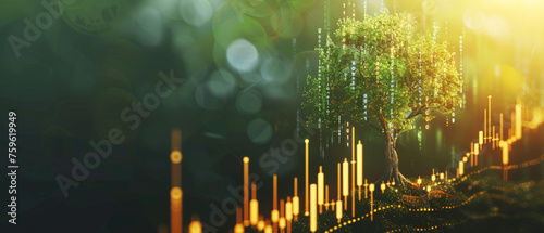 Glowing eco-themed illustration with a digital tree symbolizing sustainability growth. photo