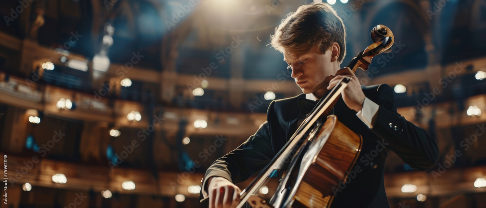 Fototapeta premium Cellist passionately performing in an opulent concert hall.