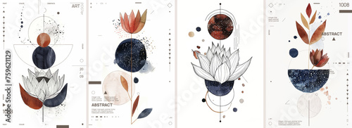 A set of modern abstract watercolor posters featuring botanical elements like lotus flowers, leaves, geometric shapes, and cosmic patterns in earthy and navy blue tones on a white background.