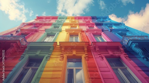 A colorful building with many windows and balconies