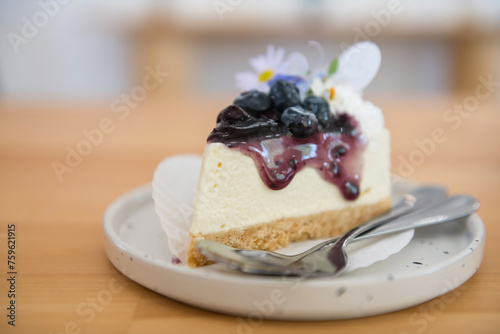 Blueberry cheesecake in cafe and restaurant