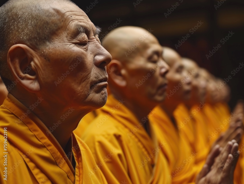 Close-up of a row of Buddhist monks seated together, chanting in unison with serene expressions