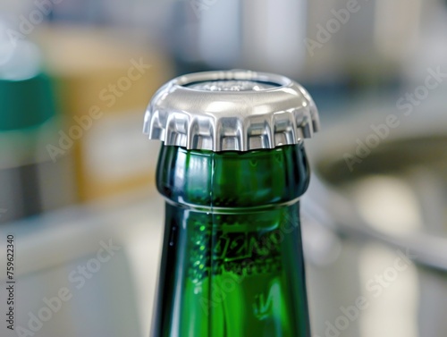 A close up of a vibrant green beer bottle being uncapped with a standard scale in the background photo