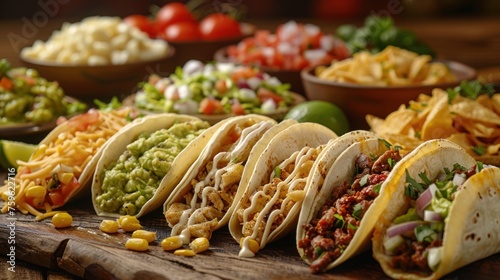 Delicious apitite traditional Mexican cuisine including tacos, enchiladas and guacamole, poster, banner photo