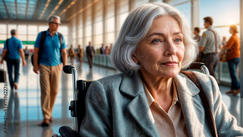 An older woman sits in a wheelchair in a busy airport terminal.