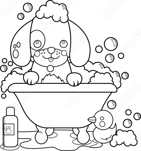 Cute Puppy Taking Bath Outline Vector Illustration. Puppy Coloring Page. Small Dog Taking Both Outline Vector.