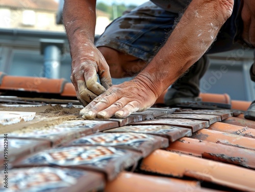 Skilled man laying tiles on a roof with precision and expertise