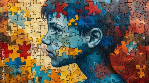 a young boys head surrounded by the challenges of autism, 90 childrens comic book drawing style with block colours, text copy space photo