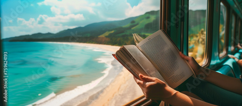 women reading book at train with beach view. summer travel vacation concept background