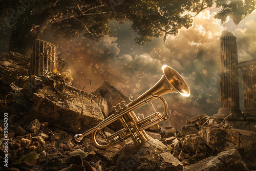 A trumpet resting atop ancient ruins, juxtaposing the timeless message of judgment with earthly remnants