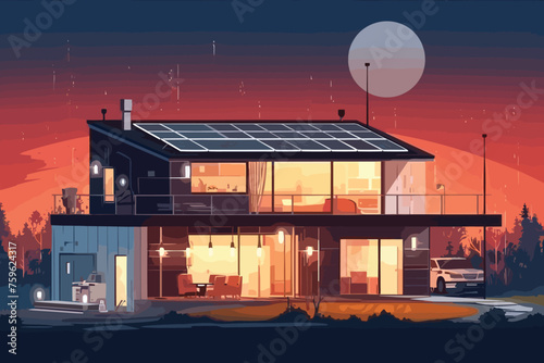 Home electricity scheme with battery energy storage sys vector illustration.