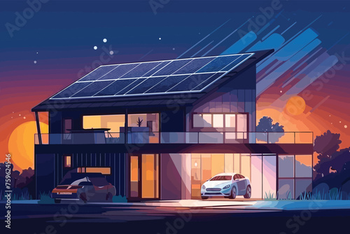 Home electricity scheme with battery energy storage sys vector illustration.