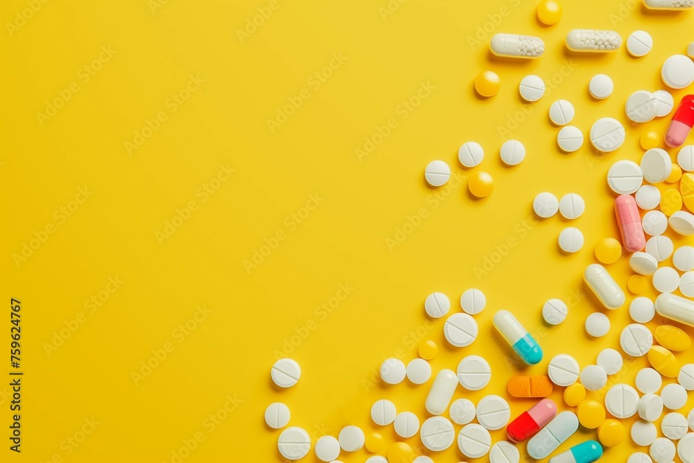 Pills and capsules on a vivid yellow background with copy space.