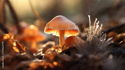 a beautiful autumn landscape with mushrooms and fallen leaves in a forest glade at sunset, sunlight and beautiful nature