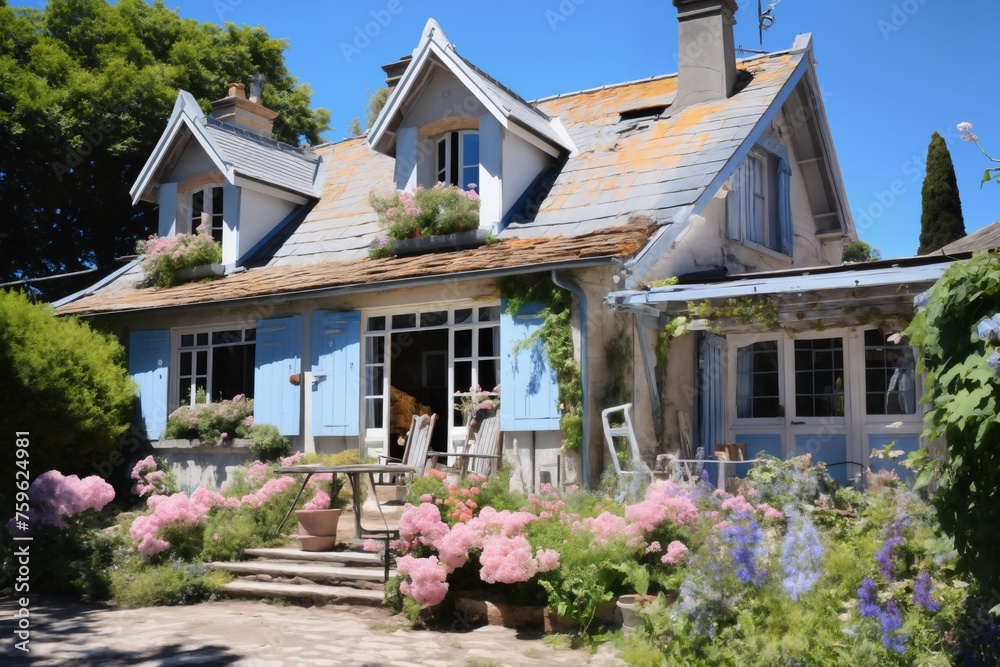 Fototapeta premium beautiful summer landscape, old house in a village, decorated with flowers, and blue sky with clouds