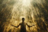 A solitary figure bathed in ethereal light, hands outstretched towards the heavens