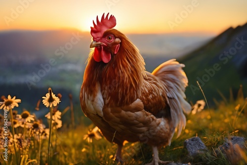 Portrait of rooster on a green grass meadow in mountains, bright sunny day, on a ranch in the village, rural surroundings on the background of spring nature