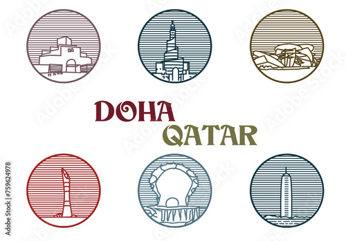 Doha Qatar landmarks. Editable Clip Art.