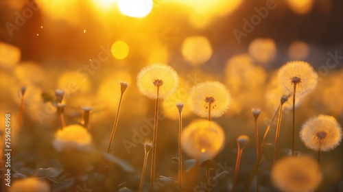 a beautiful summer landscape with dandelions and grass in a field at sunset, sunlight and beautiful nature © soleg