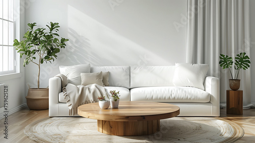 Round wood coffee table against white sofa  Scandinavian home interior design of modern living room nordic style deco idea