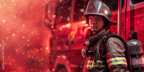 A vigilant firefighter scans a fiery scene, demonstrating the tension and focus required in emergencies