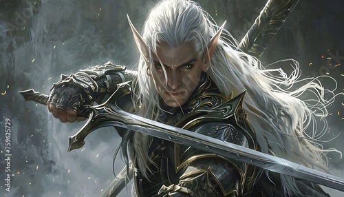 Elf fantasy warrior with two swords