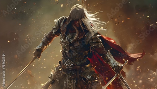 Elf fantasy warrior with two swords