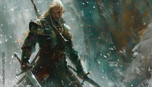 Elf fantasy warrior with two swords