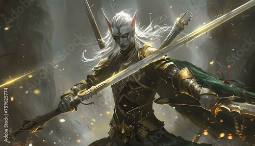Elf fantasy warrior with two swords