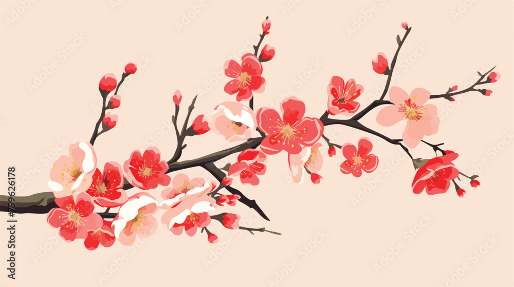 Red peach blossom with golden background flat vector