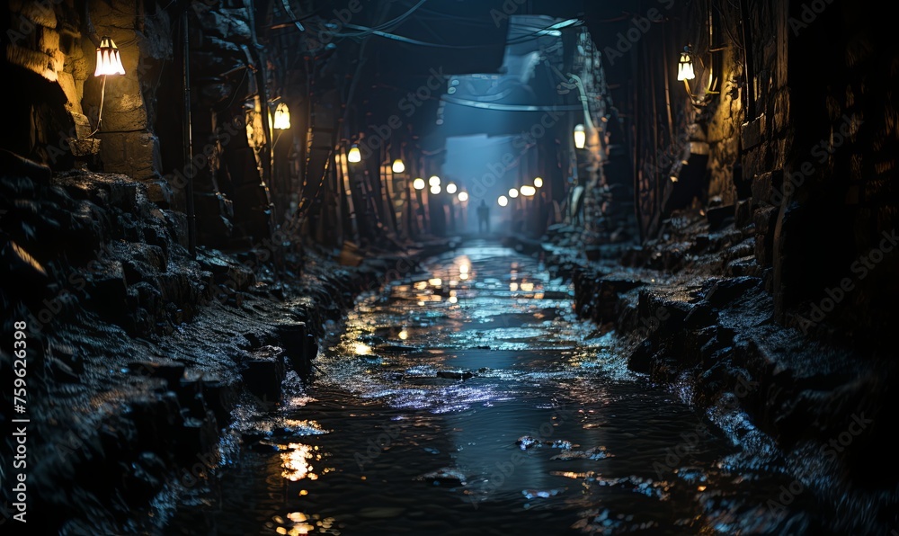 Naklejka premium Dark Alley With Water Reflection